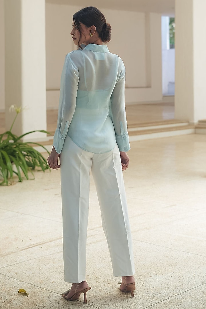 Powder Blue Organza Floral Applique Embellished Shirt by Pooja Bagaria at Pernia's Pop Up Shop
