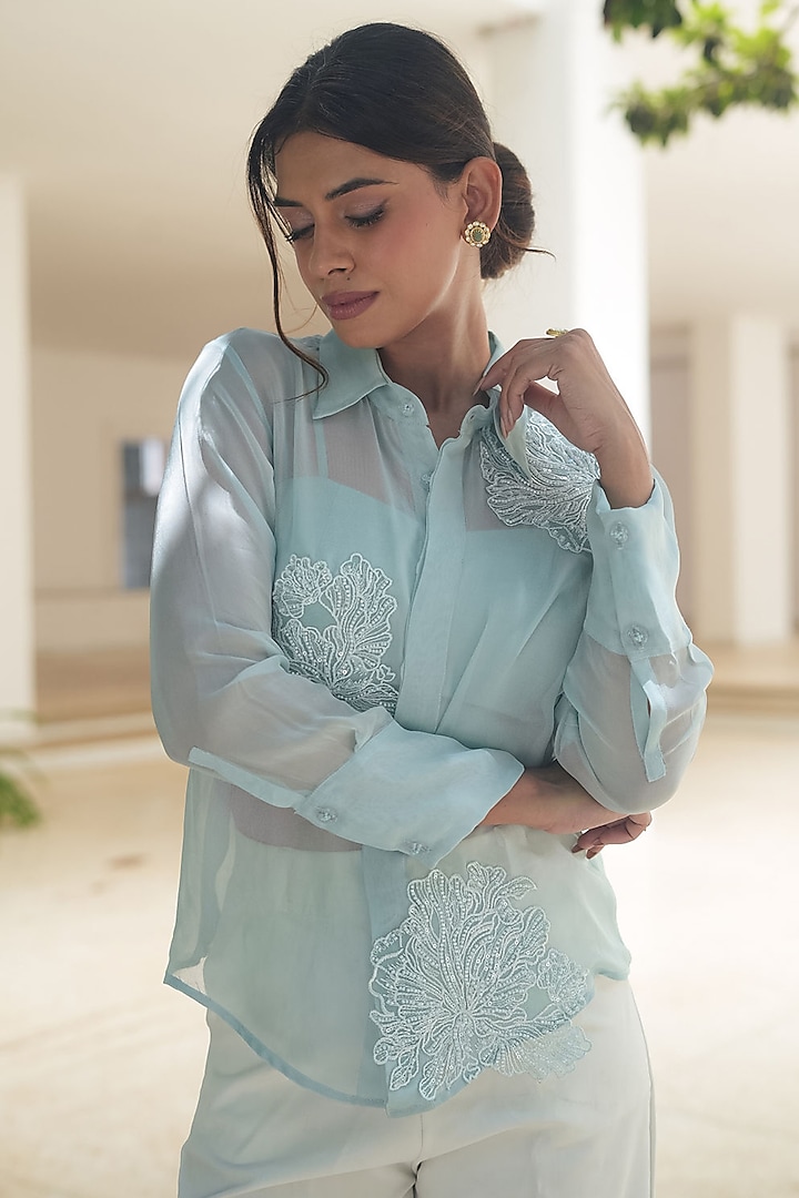 Powder Blue Organza Floral Applique Embellished Shirt by Pooja Bagaria at Pernia's Pop Up Shop
