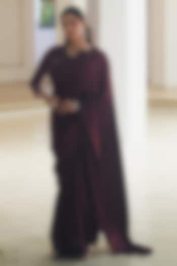 Burgundy Satin Embroidered Party Wear Saree Set by Pooja Bagaria at Pernia's Pop Up Shop