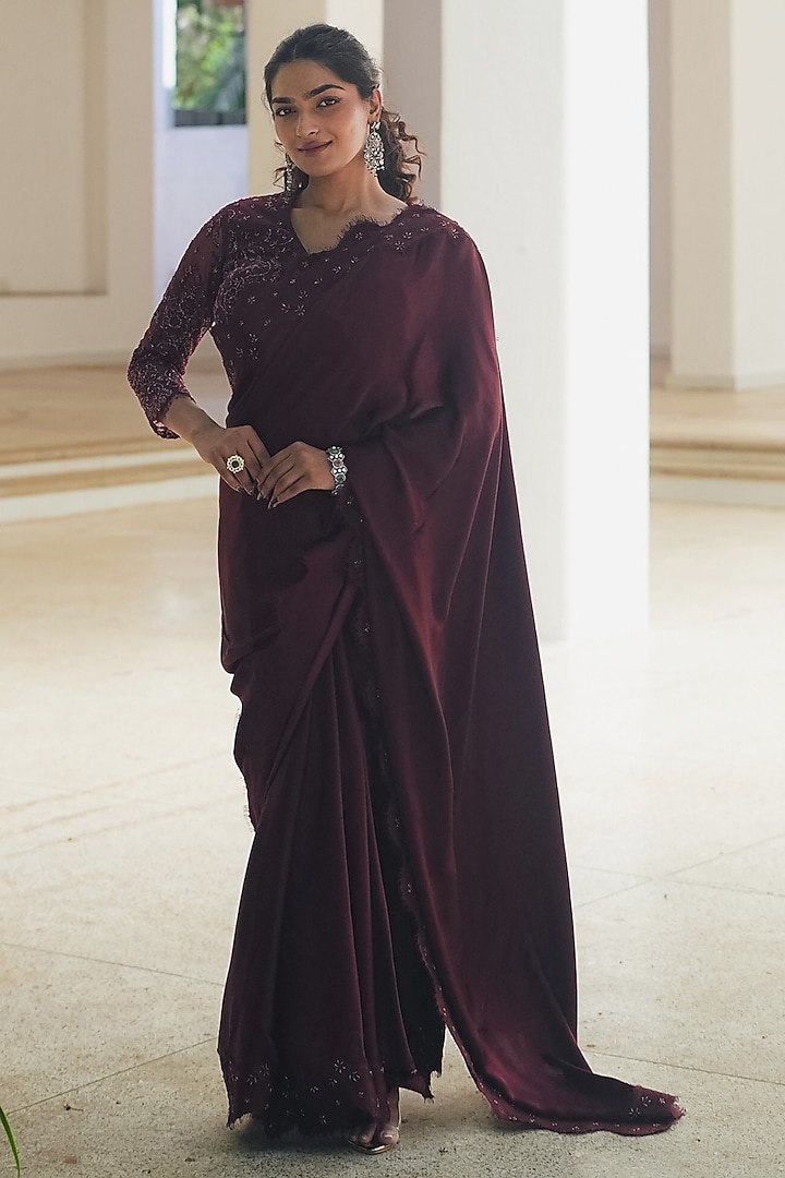 Burgundy Satin Embroidered Party Wear Saree Set by Pooja Bagaria at Pernia's Pop Up Shop
