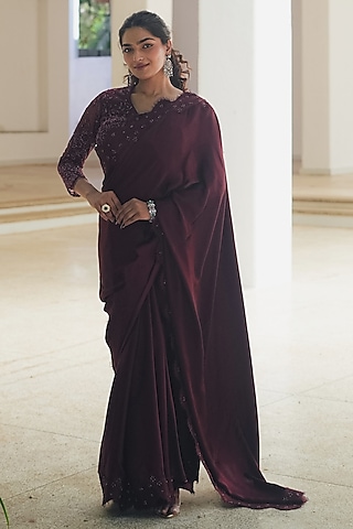 Burgundy Satin Embroidered Saree Set by Pooja Bagaria