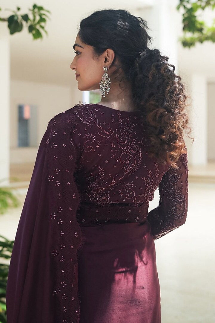 Burgundy Satin Embroidered Wedding Saree Set by Pooja Bagaria at Pernia's Pop Up Shop
