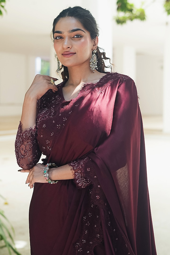 Burgundy Satin Embroidered Wedding Saree Set by Pooja Bagaria at Pernia's Pop Up Shop