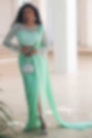 Mint Green Natural Satin Bead Embroidered Pre-Stitched Draped Party Wear Saree Set by Pooja Bagaria at Pernia's Pop Up Shop