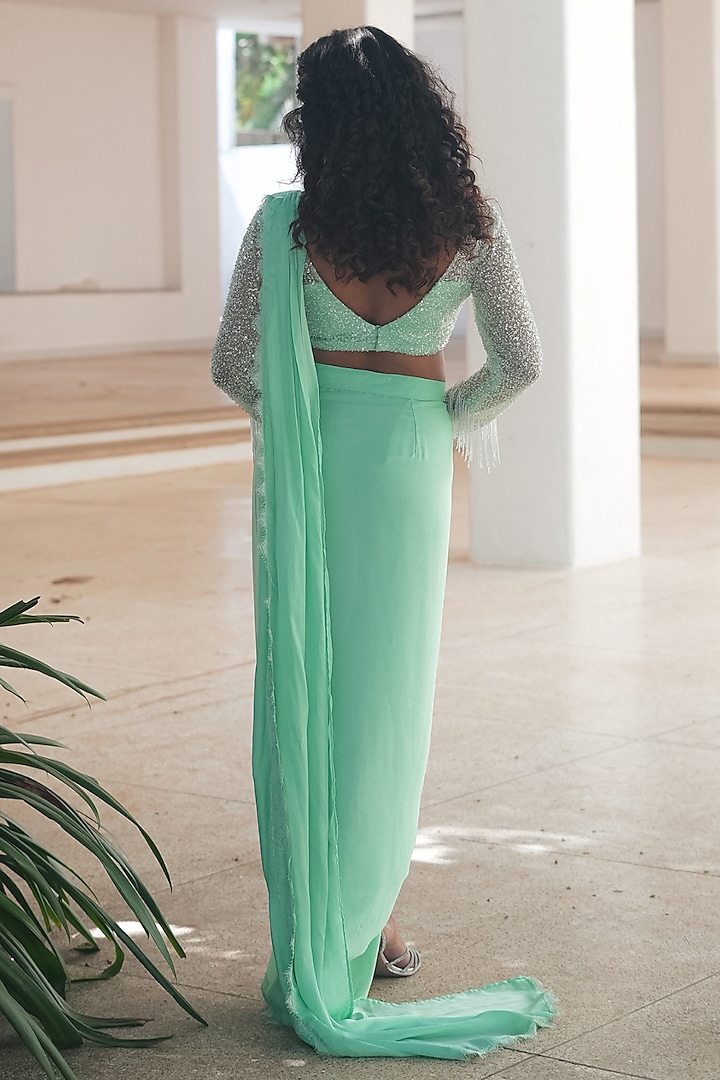 Mint Green Natural Satin Bead Embroidered Pre-Stitched Draped Party Wear Saree Set by Pooja Bagaria at Pernia's Pop Up Shop