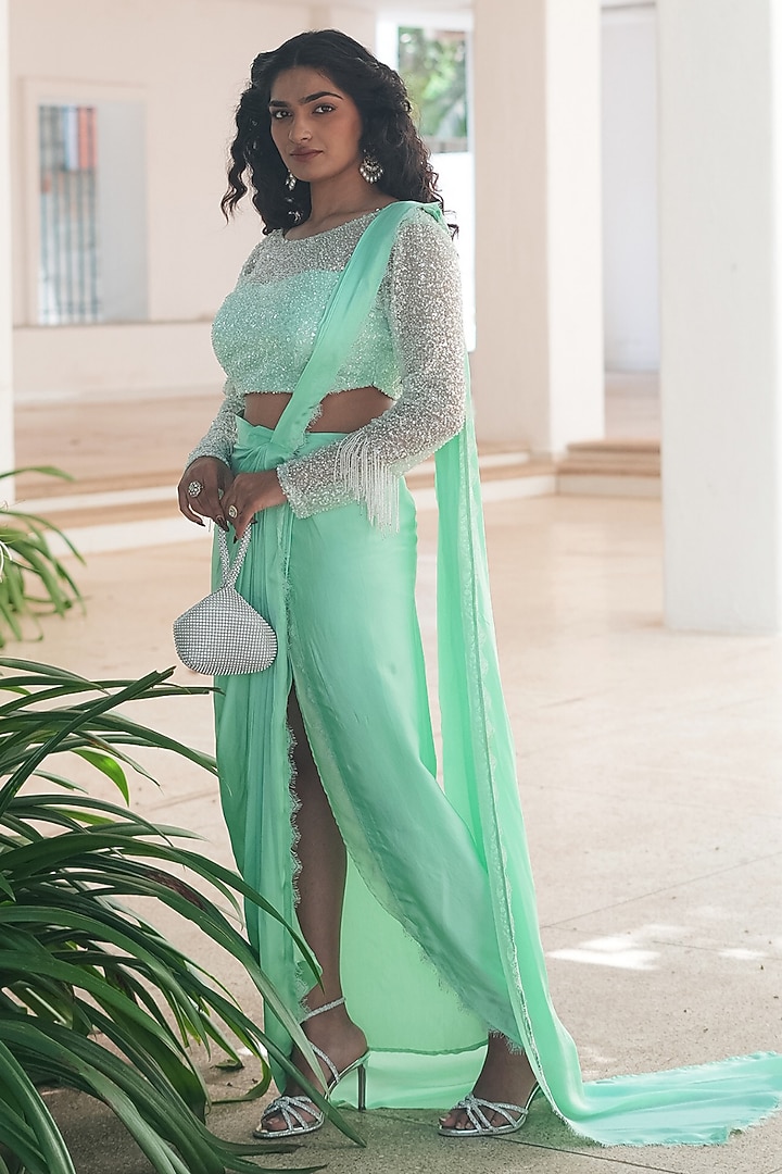 Mint Green Natural Satin Bead Embroidered Pre-Stitched Draped Party Wear Saree Set by Pooja Bagaria at Pernia's Pop Up Shop