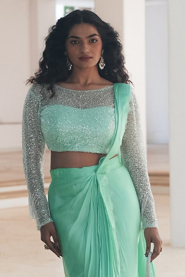 Mint Green Natural Satin Bead Embroidered Pre-Stitched Draped Party Wear Saree Set by Pooja Bagaria at Pernia's Pop Up Shop