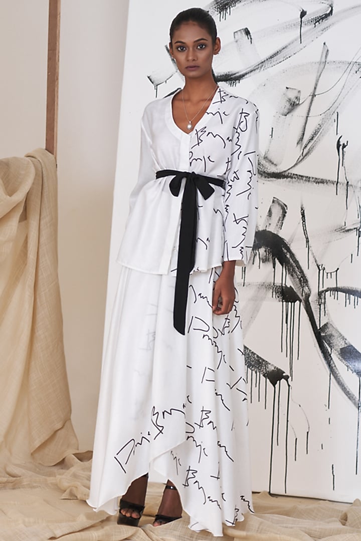 White Printed Wrap Skirt Set by Pooja Bagaria at Pernia's Pop Up Shop