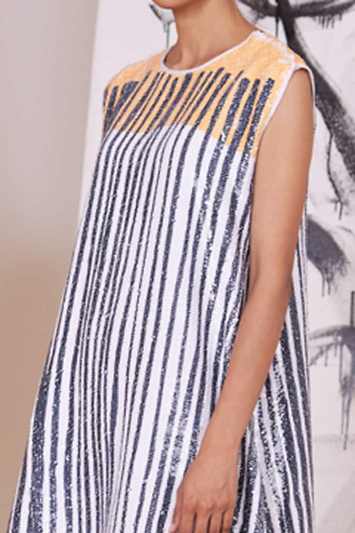 White & Beige Striped Summer Dress by Pooja Bagaria at Pernia's Pop Up Shop