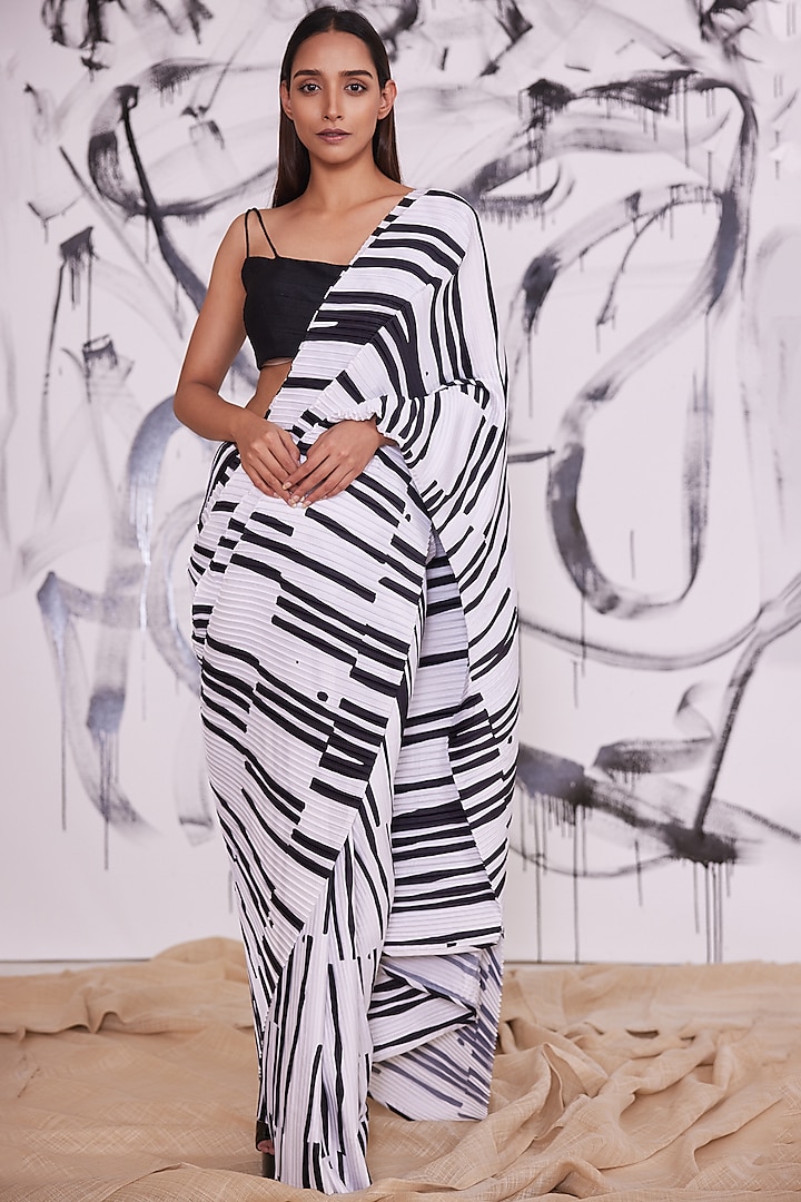 White Striped Saree Set by Pooja Bagaria