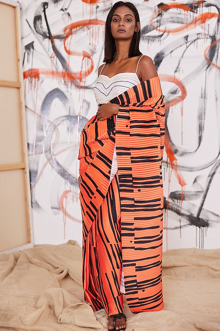 Orange Striped Saree Set by Pooja Bagaria