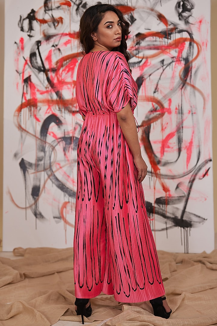 Bright Pink Pleated Satin Jumpsuit by Pooja Bagaria at Pernia's Pop Up Shop