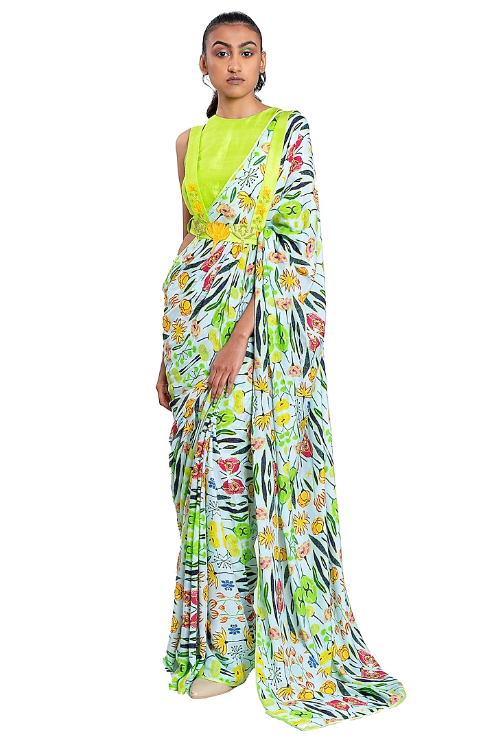 Neon Green Floral Printed Saree Set by Pooja Bagaria at Pernia's Pop Up Shop