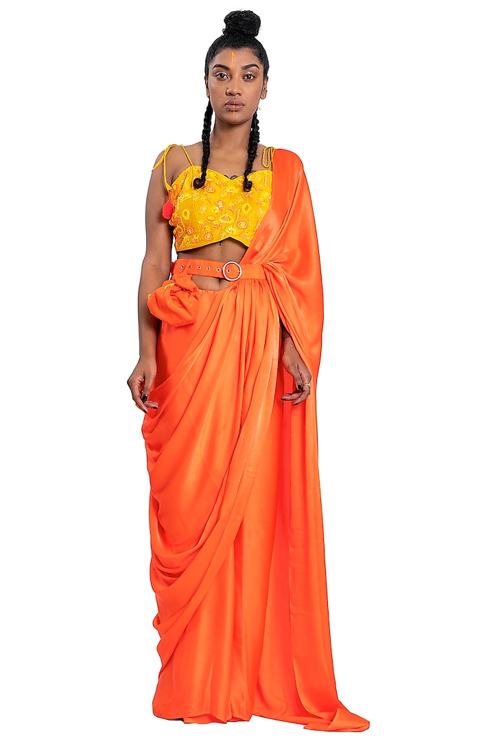 Neon Orange Satin & Raw Silk Saree Set by Pooja Bagaria