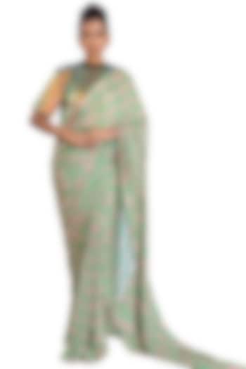 Mint Green Muslin Shibori Digital Printed Party Wear Saree Set by Pooja Bagaria at Pernia's Pop Up Shop