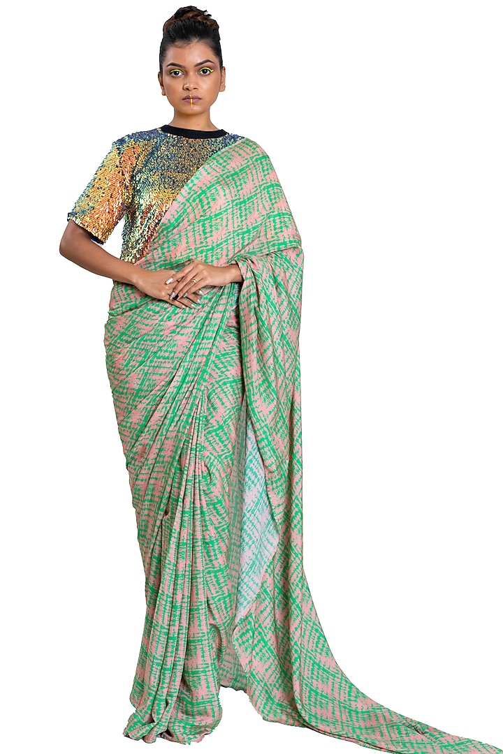 Mint Green Shibori Digital Printed Saree Set by Pooja Bagaria