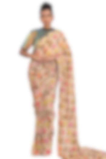 Beige Checkered Floral Printed Saree Set by Pooja Bagaria