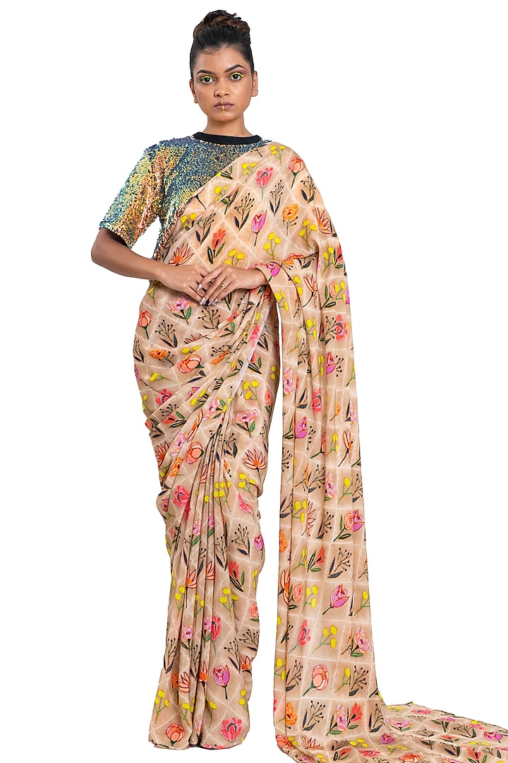 Beige Checkered Floral Printed Saree Set by Pooja Bagaria