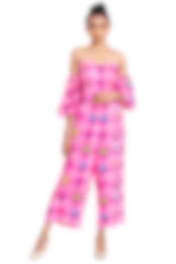 Neon Pink Checkered Floral Printed Off-Shoulder Jumpsuit by Pooja Bagaria