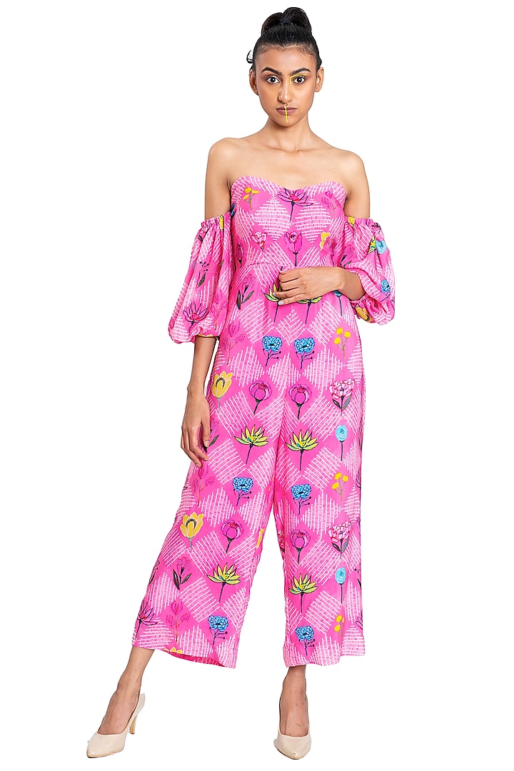 Neon Pink Checkered Floral Printed Off-Shoulder Jumpsuit by Pooja Bagaria