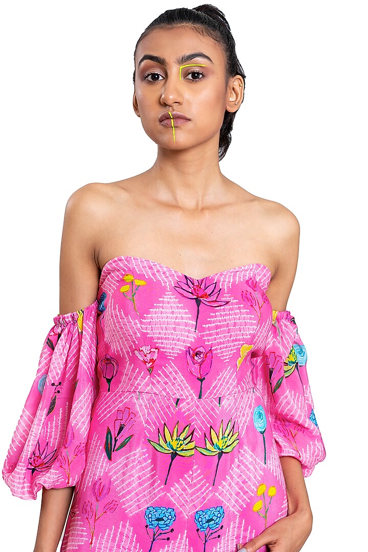 Neon Pink Checkered Floral Printed Off-Shoulder Jumpsuit by Pooja Bagaria at Pernia's Pop Up Shop