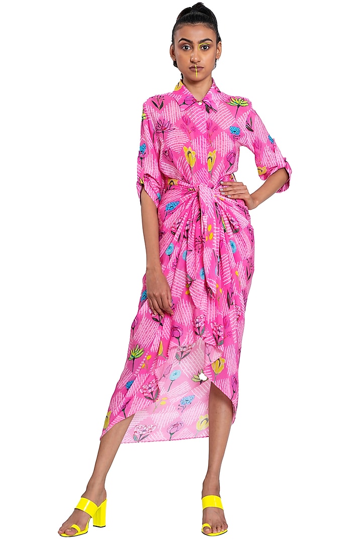 Rose Pink Crepe Self-Tie Draped Skirt by Pooja Bagaria