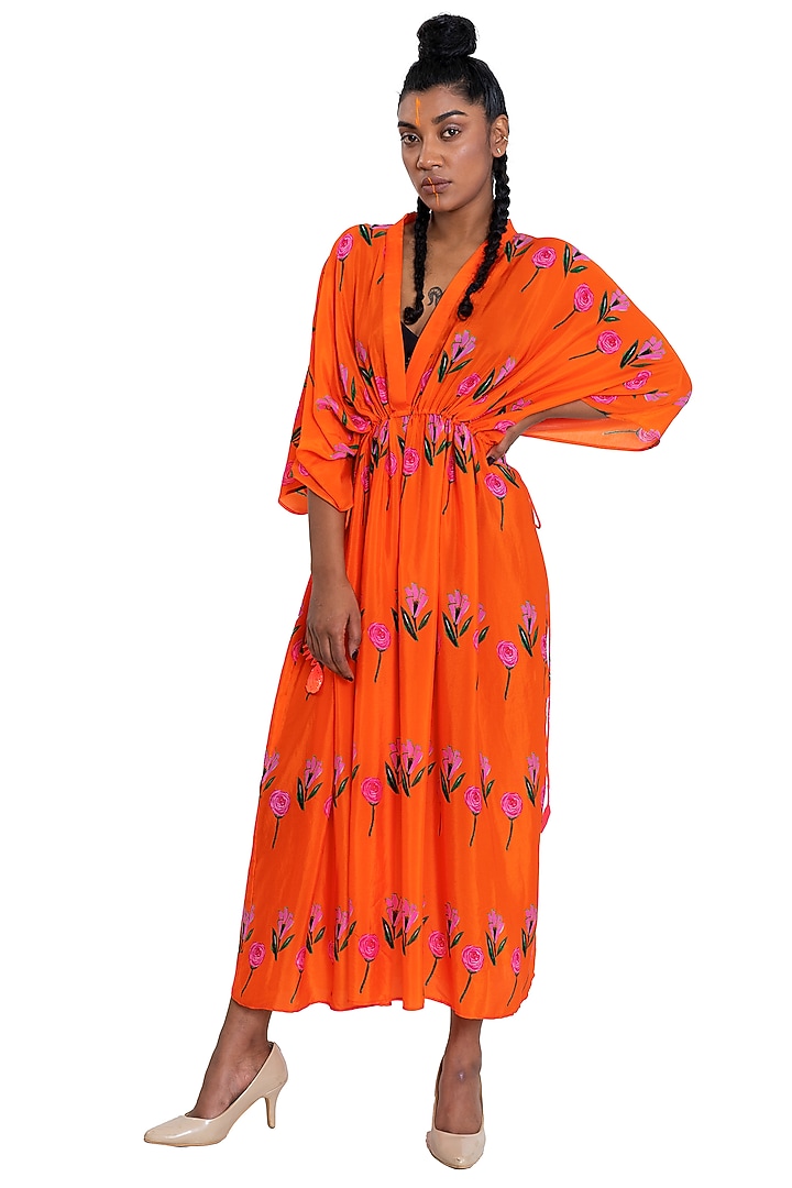 Orange Floral Printed Kaftan by Pooja Bagaria at Pernia's Pop Up Shop