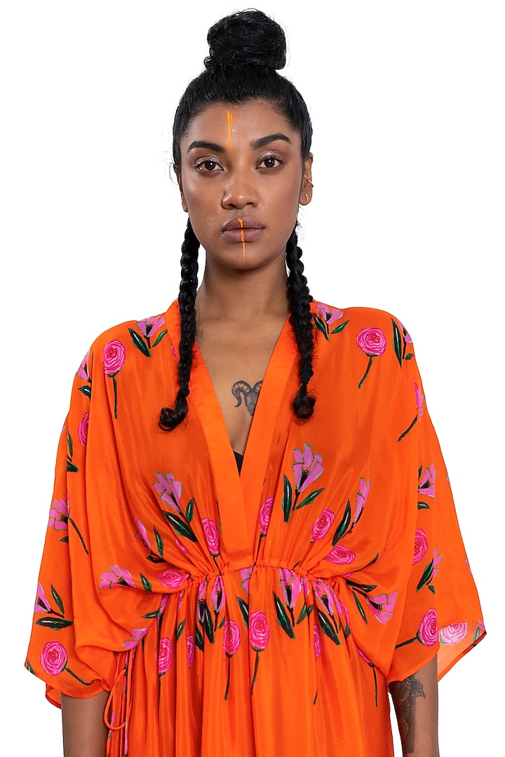 Orange Floral Printed Kaftan by Pooja Bagaria at Pernia's Pop Up Shop