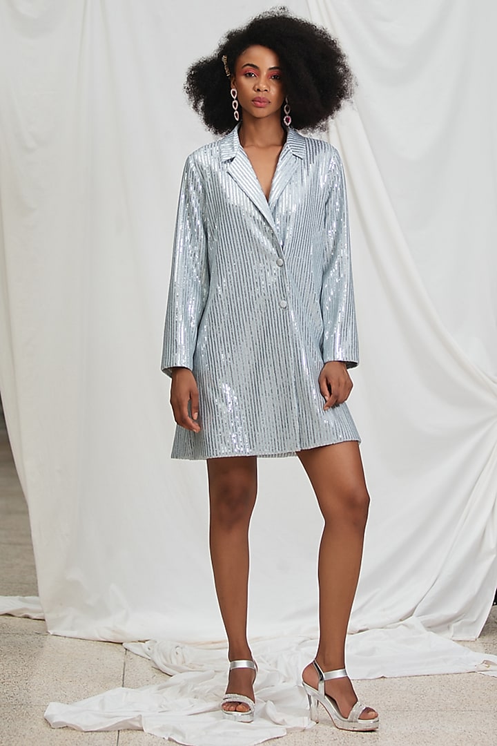 Silver & Blue Shimmer Sequins Oversized Striped Blazer Dress by Pooja Bagaria