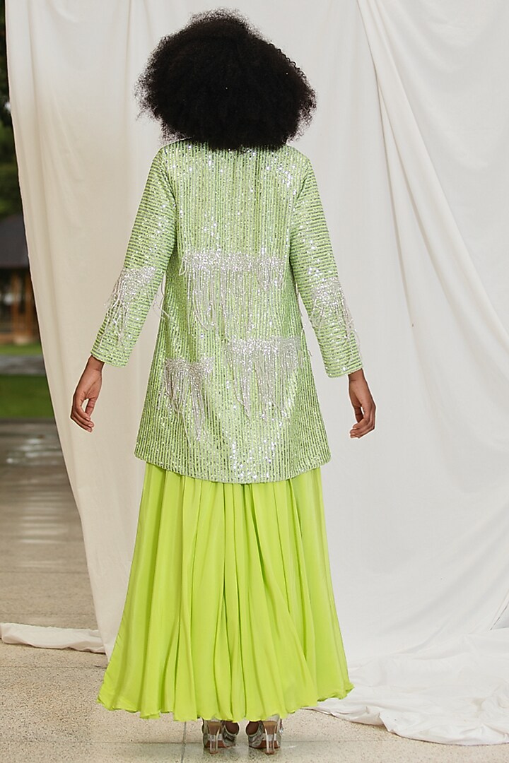 Silver & Neon Shimmer Sequins Embellished Striped Blazer Set by Pooja Bagaria at Pernia's Pop Up Shop