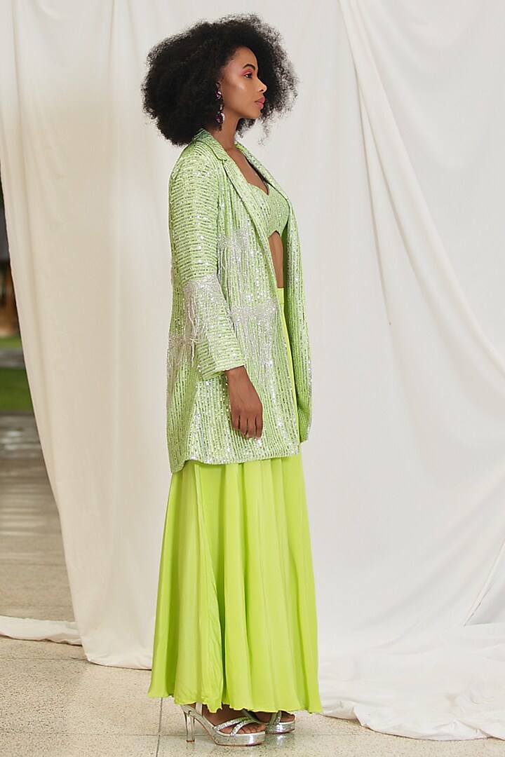 Silver & Neon Shimmer Sequins Embellished Striped Blazer Set by Pooja Bagaria at Pernia's Pop Up Shop