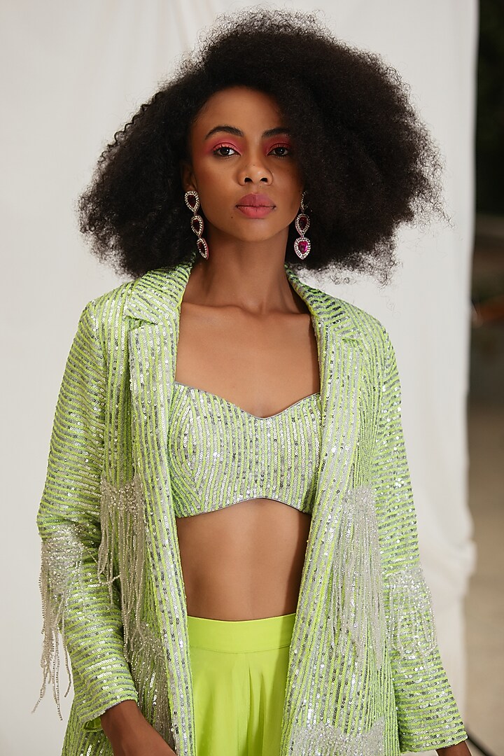 Silver & Neon Shimmer Sequins Embellished Striped Blazer Set by Pooja Bagaria at Pernia's Pop Up Shop