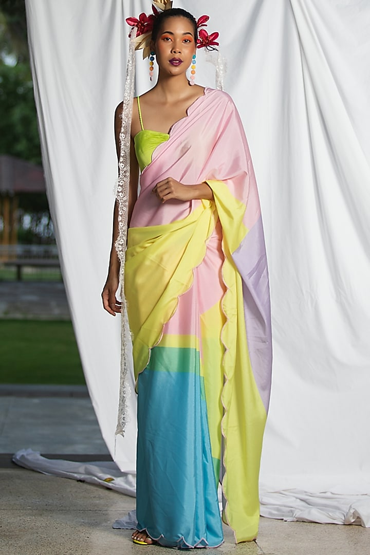 Multi-Colored Organza Silk Scalloped Saree Set by Pooja Bagaria