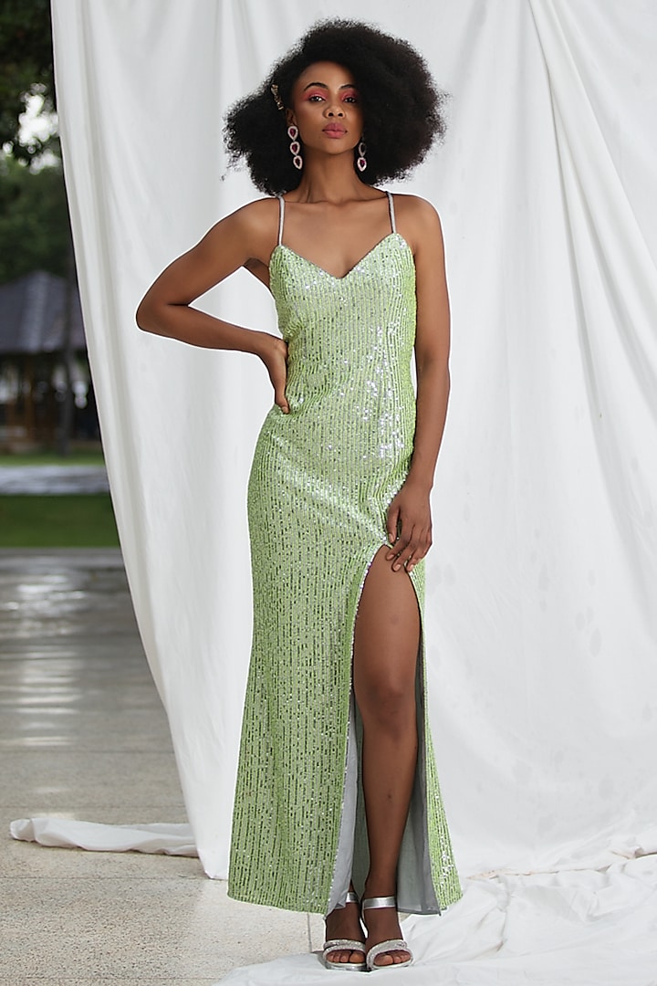 Silver & Neon Shimmer Sequins Strappy Cocktail Gown by Pooja Bagaria