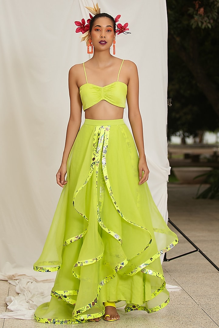 Neon Yellow Organza Silk Ruffled Structured Skirt Set by Pooja Bagaria