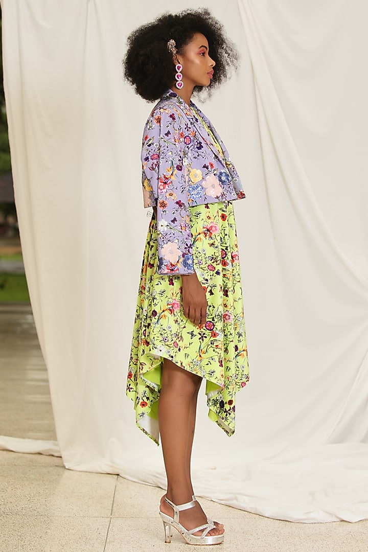 Neon Yellow Suede Botanical Floral Handkerchief Summer Dress by Pooja Bagaria at Pernia's Pop Up Shop