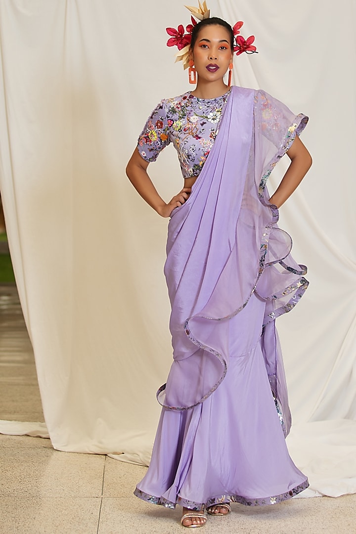 Lavender Purple Organza Silk & Natural Crepe Ruffled Lehenga Saree Set by Pooja Bagaria