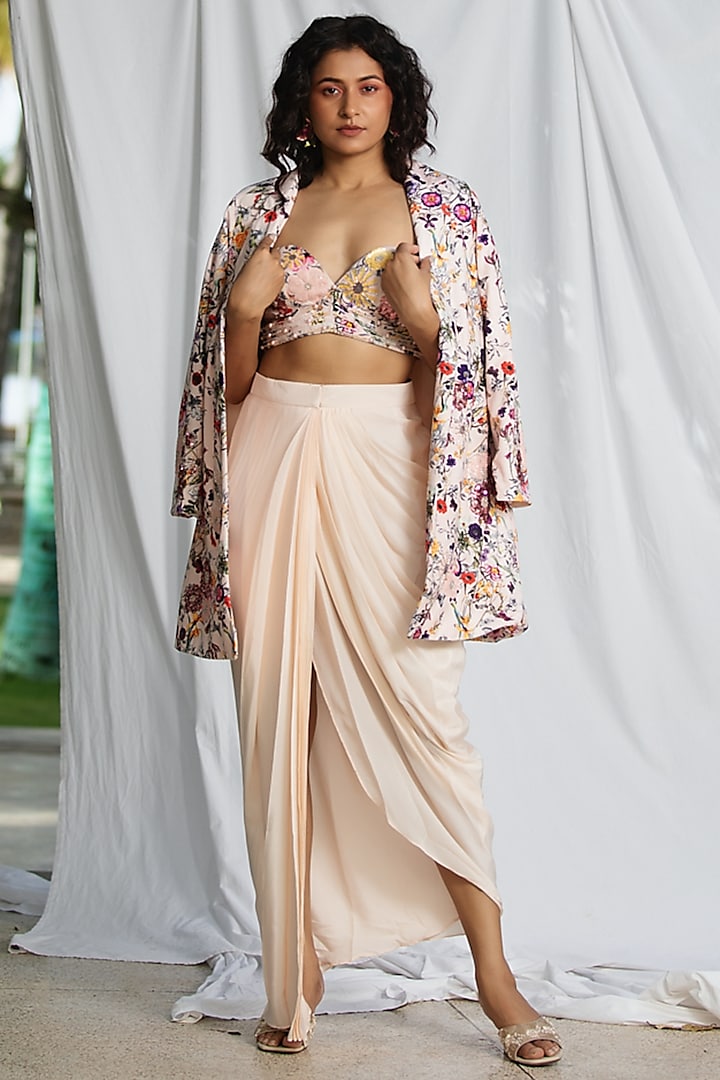 Pink Suede & Crepe Draped Skirt Set by Pooja Bagaria