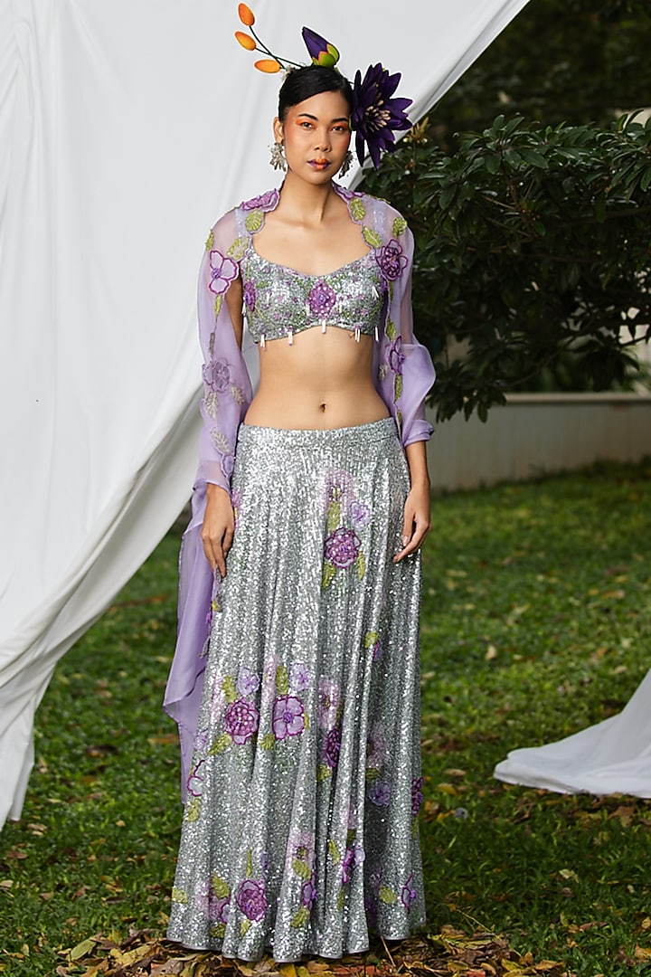 Silver & Purple Sequins Embellished Wedding Lehenga Set by Pooja Bagaria at Pernia's Pop Up Shop