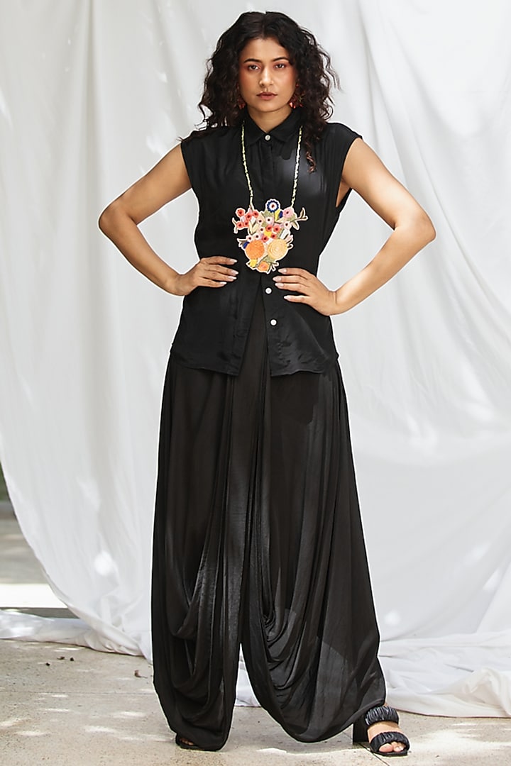 Black Natural Crepe Dhoti Skirt Set by Pooja Bagaria at Pernia's Pop Up Shop