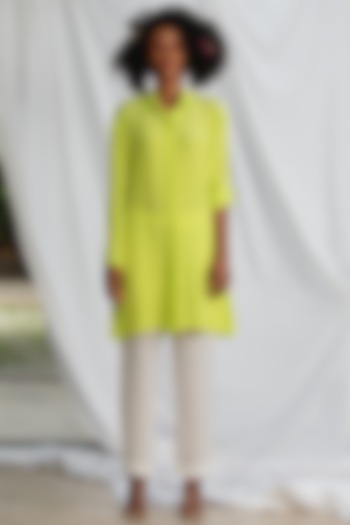 Neon Yellow Natural Crepe Embellished Shirt Kurta by Pooja Bagaria at Pernia's Pop Up Shop