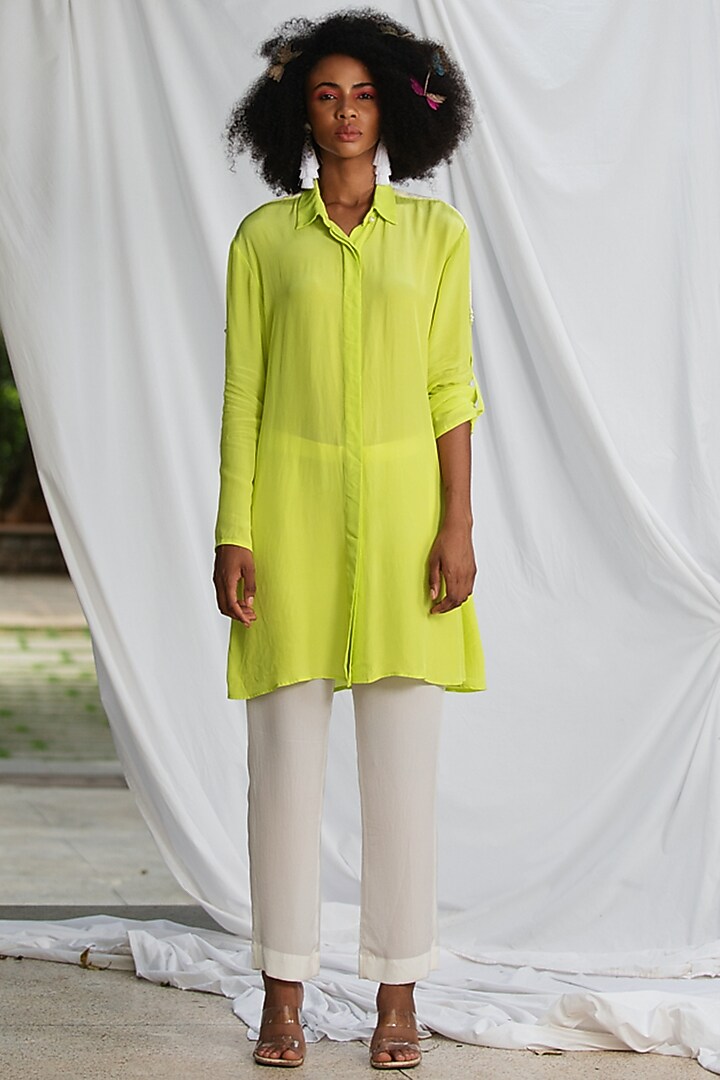 Neon Yellow Natural Crepe Embellished Shirt Kurta by Pooja Bagaria at Pernia's Pop Up Shop