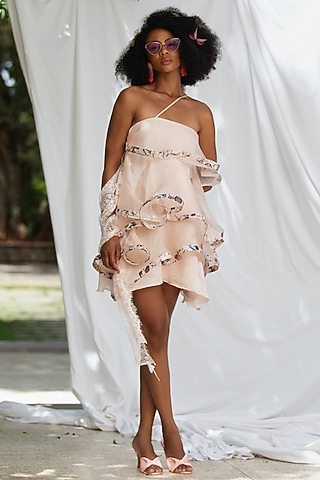 Blush Pink Organza Silk & Natural Crepe Mini Dress by Pooja Bagaria