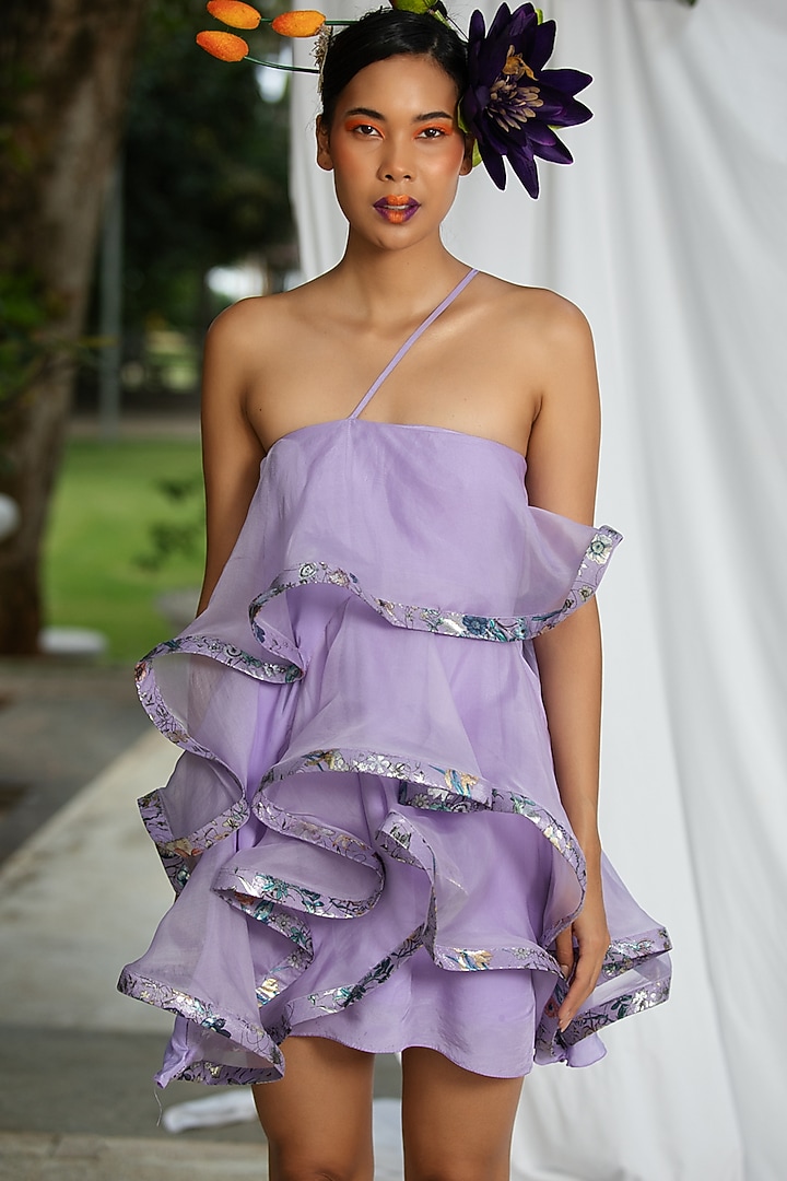 Lavender Organza Silk & Natural Crepe Mini Summer Dress by Pooja Bagaria at Pernia's Pop Up Shop