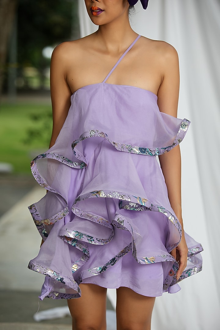 Lavender Organza Silk & Natural Crepe Mini Summer Dress by Pooja Bagaria at Pernia's Pop Up Shop