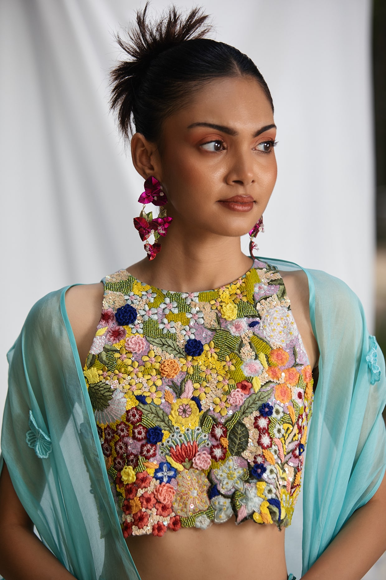 Blue Organza Embroidered Blouse by Pooja Bagaria at Pernia's
