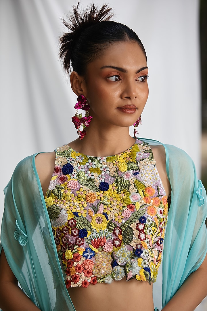 Blue Organza Embroidered Blouse by Pooja Bagaria