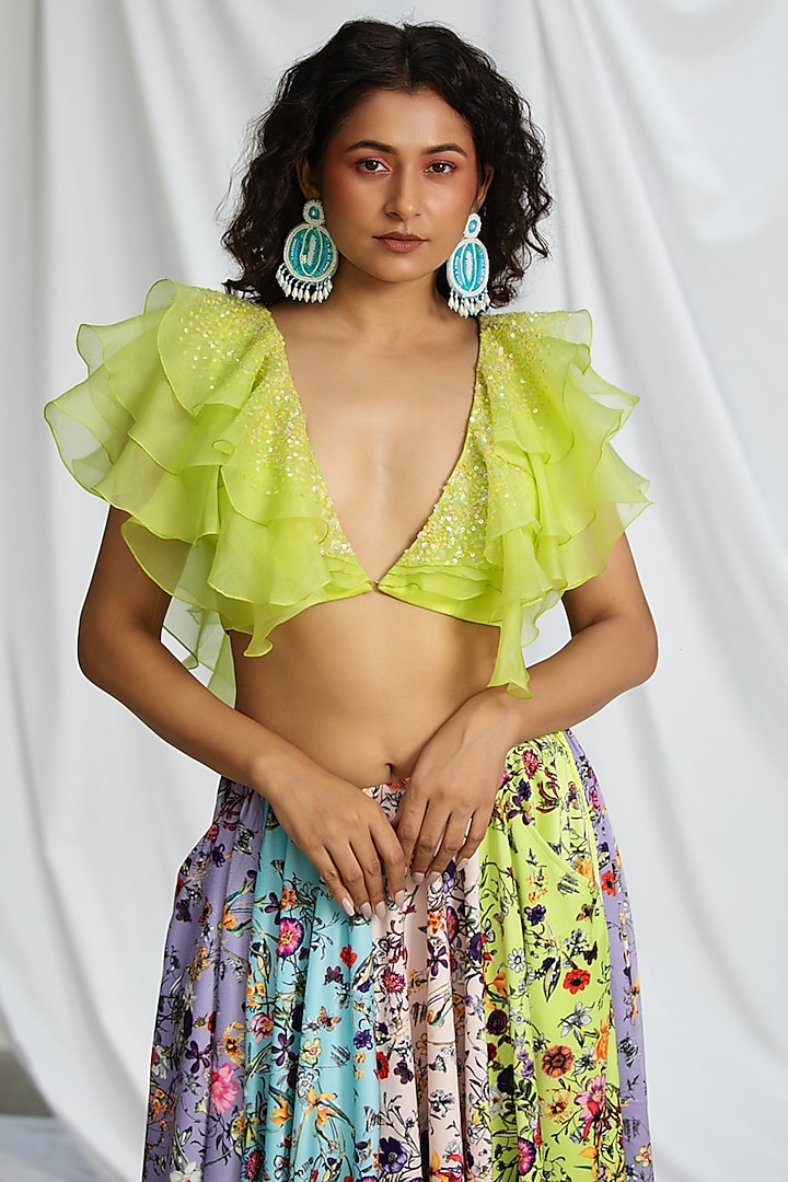 Neon Yellow Organza Silk Embroidered Top by Pooja Bagaria