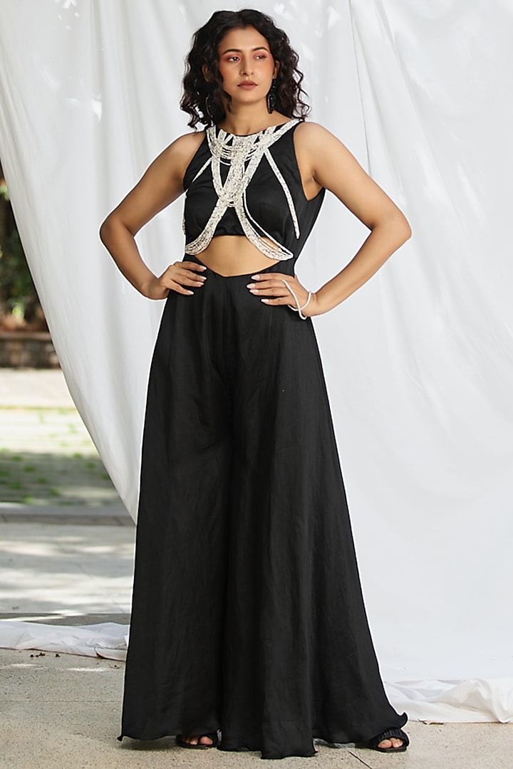 Black Satin Linen Jumpsuit by Pooja Bagaria