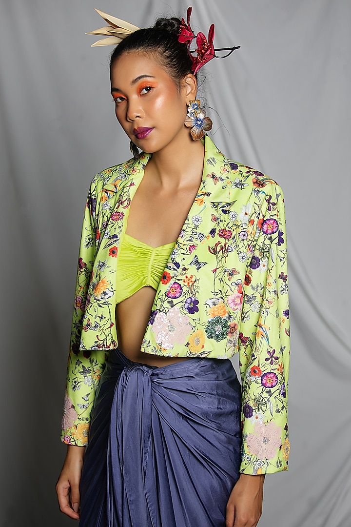 Neon Yellow Suede Botanical Floral Oversized Cropped Blazer by Pooja Bagaria